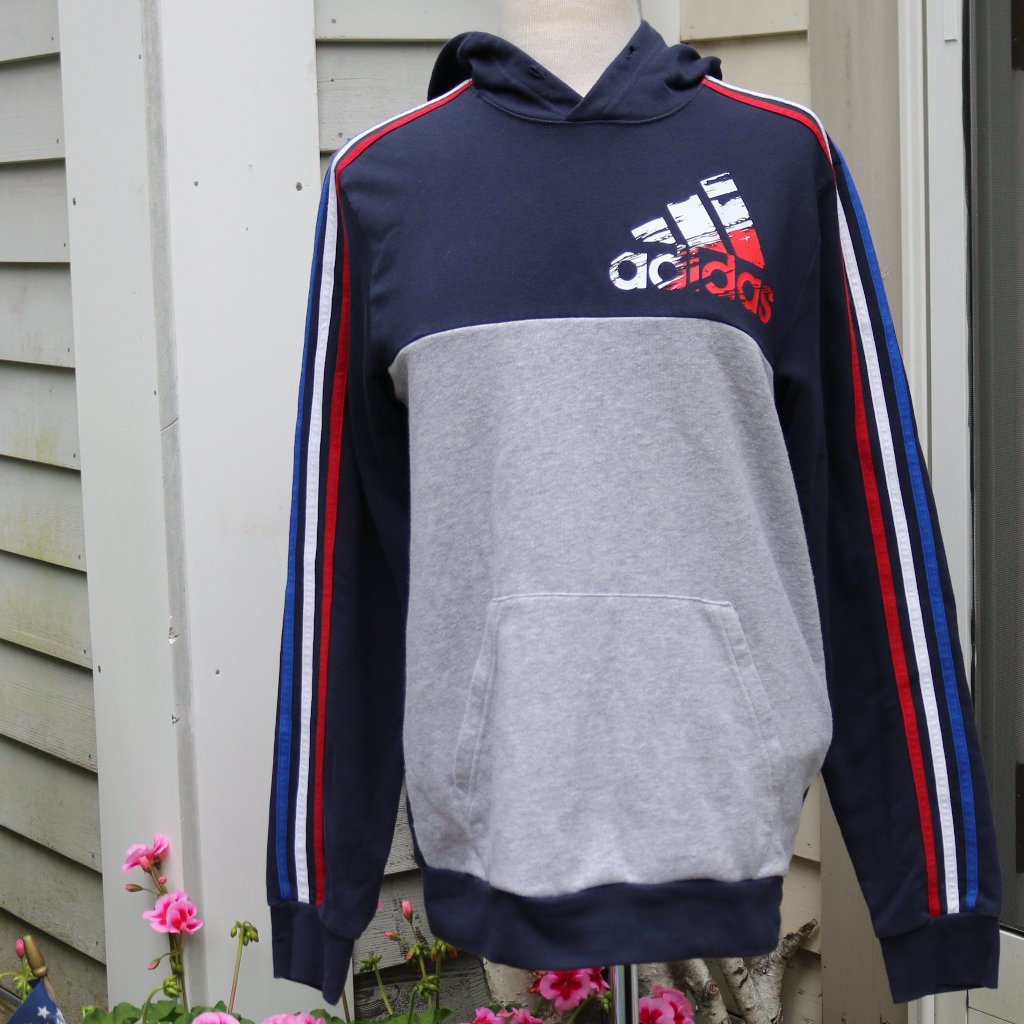 Adidas Navy Grey W Red White & Blue Stripes & Logo Patch Pocket Hoodie Sz Small